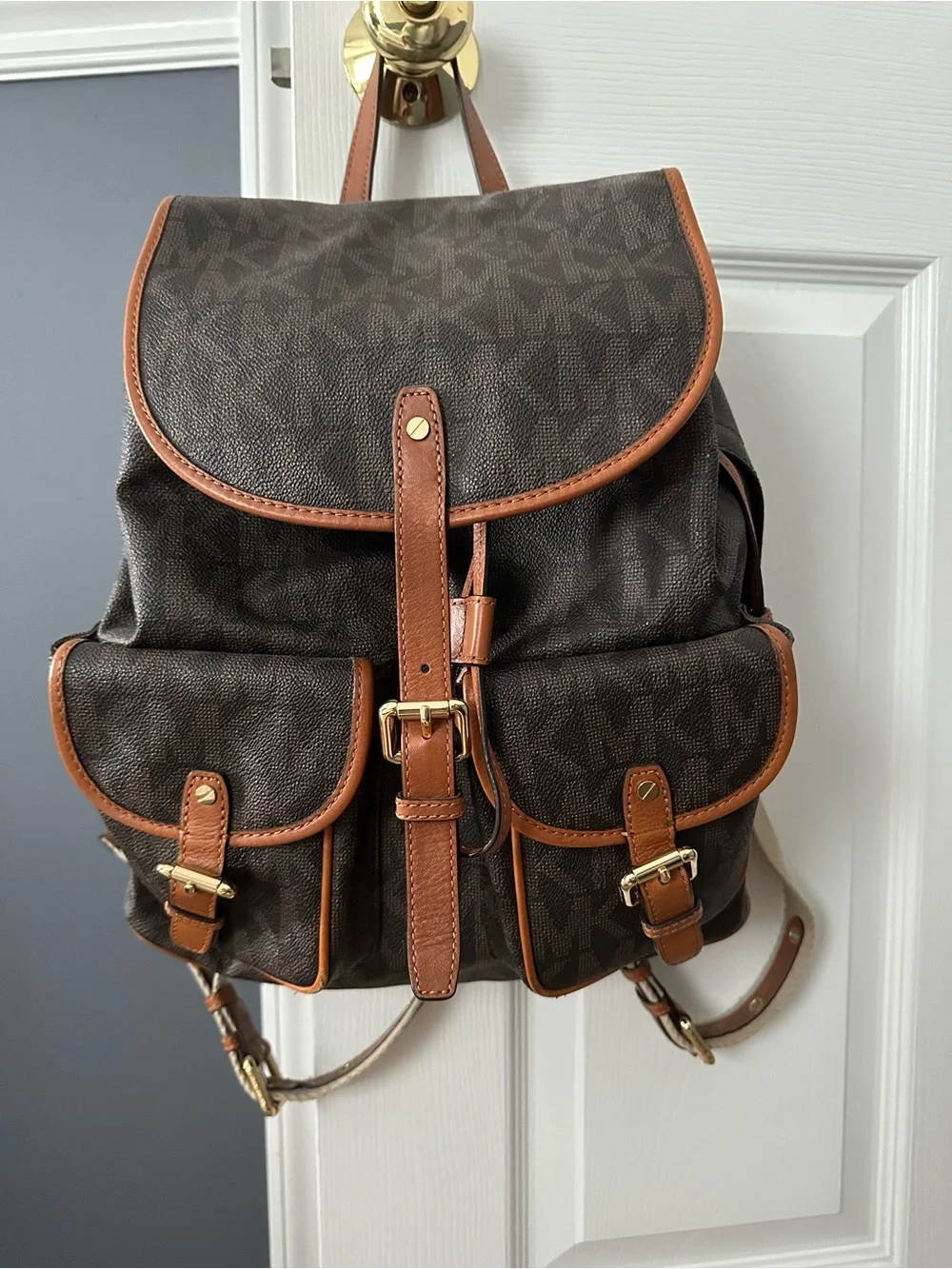 Michael Kors Dark Brown Monogram Backpack with Tan Trim